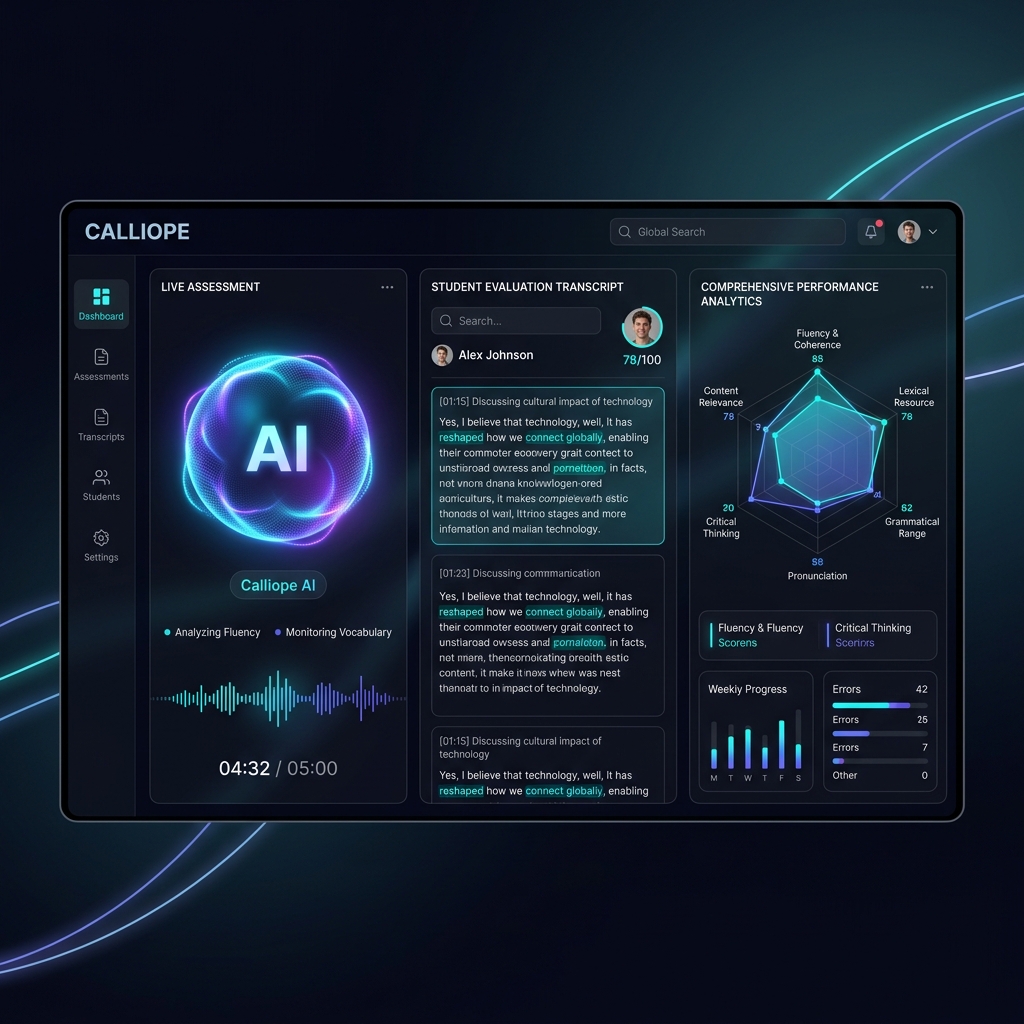 Calliope AI Dashboard Interface showing evaluation transcripts and radar charts